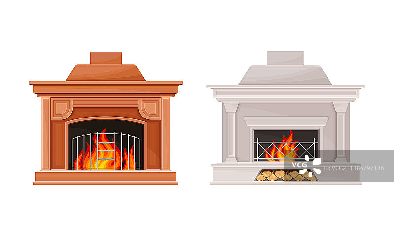 经典大理石开放式壁炉与燃烧图片素材