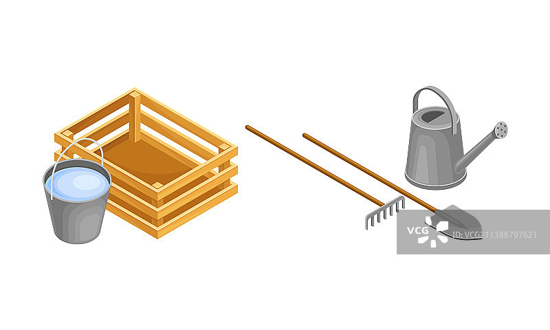 农场和园艺工具套装与木箱水桶图片素材