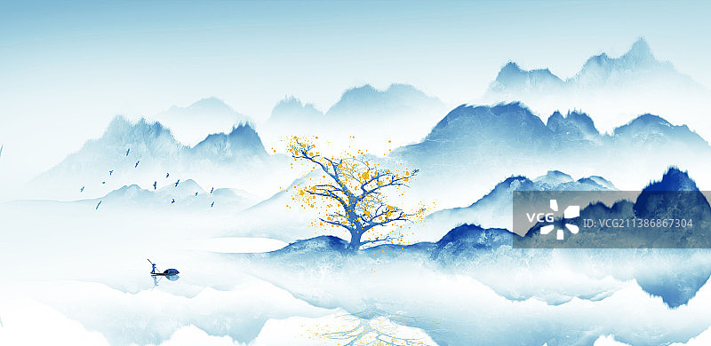 中国风写意蓝色水彩山水画图片素材