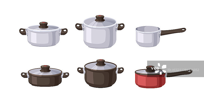 带盖的平底锅、炖锅和煮锅图片素材