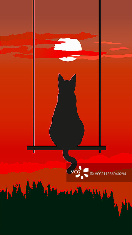 猫咪坐在秋千上，看着日落图片素材