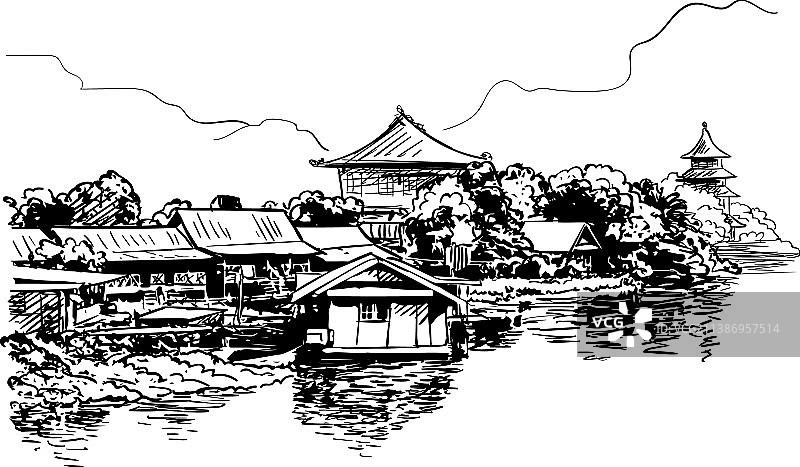 水上村屋与佛教元素速写图片素材