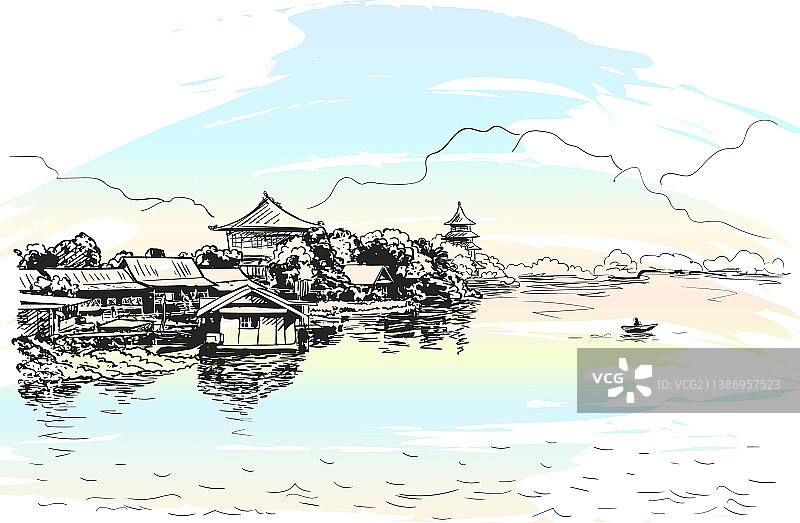 带有佛教寺庙的村庄素描图片素材