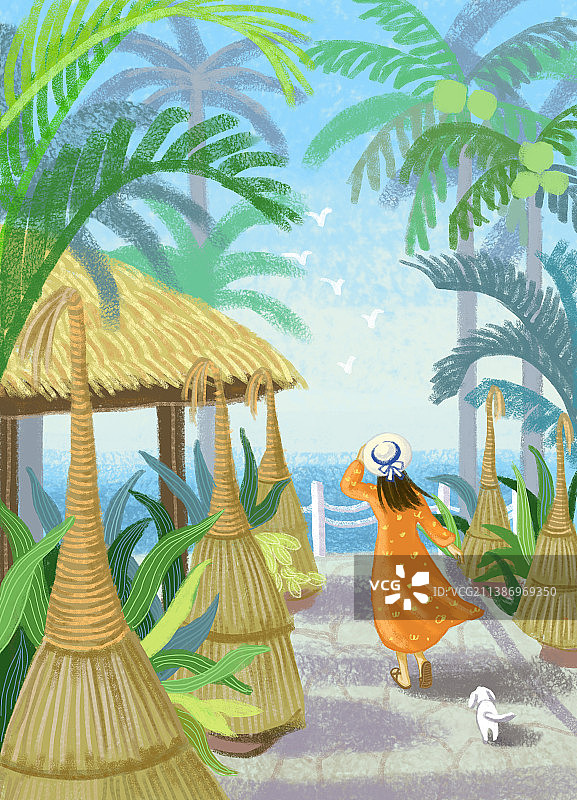 海边度假的女孩和小狗图片素材