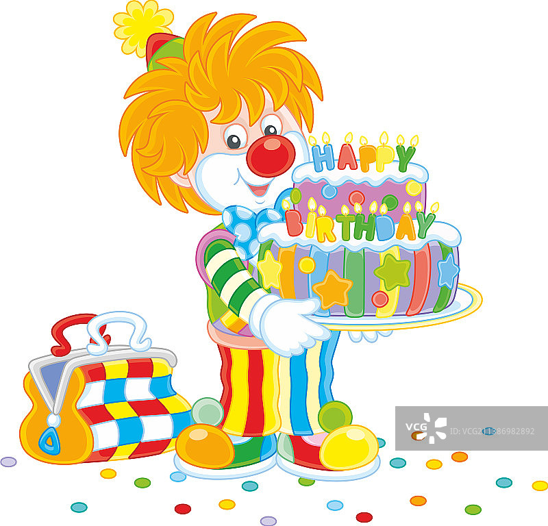 拿着生日蛋糕的滑稽马戏团小丑图片素材
