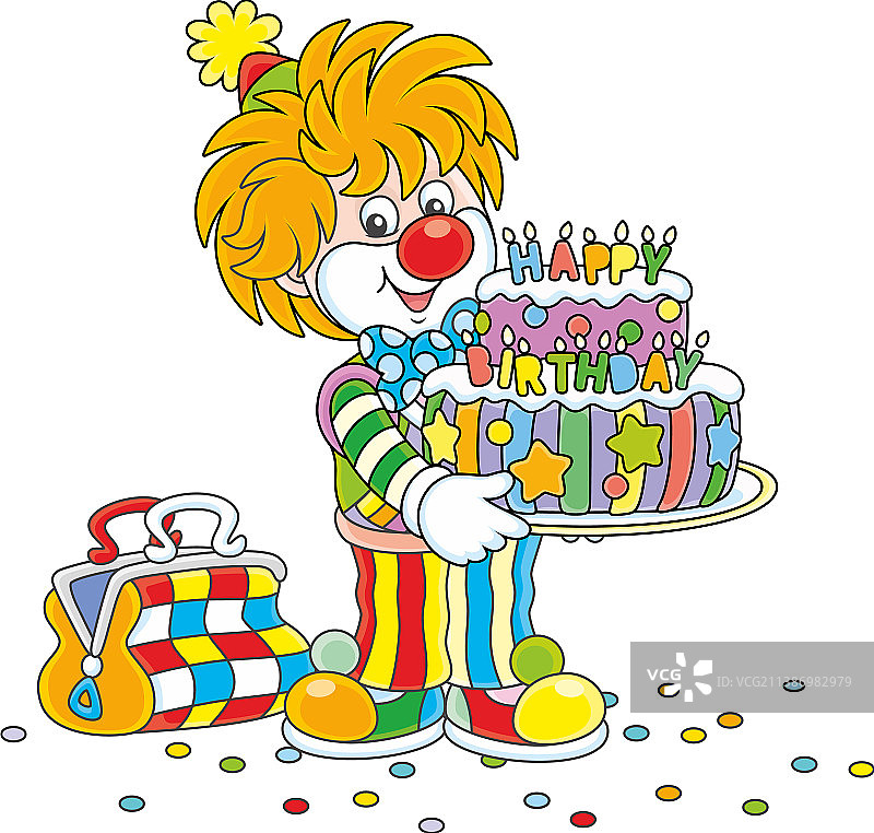 拿着生日蛋糕的滑稽马戏团小丑图片素材
