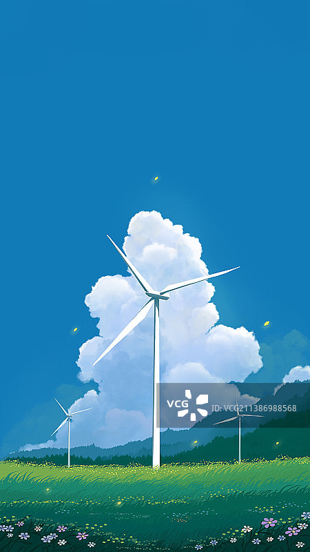 蓝天草地风车治愈插画图片素材
