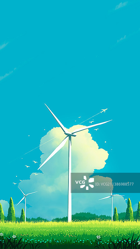 蓝天草地风车治愈插画图片素材