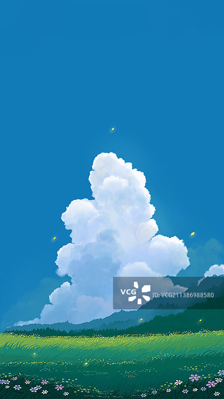 蓝天草地风车治愈插画图片素材