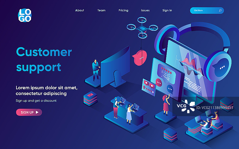 客户支持概念2.5D着陆页图片素材