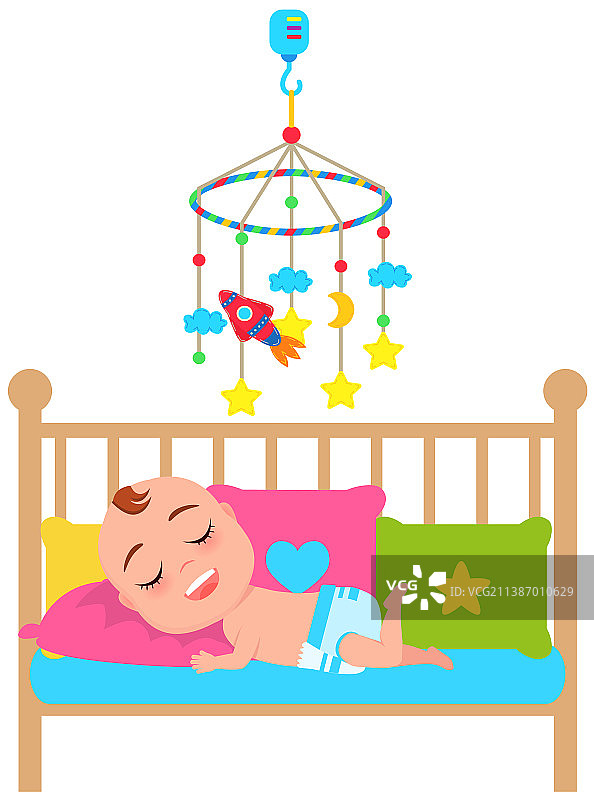 宝宝躺在婴儿床里睡觉，带有旋转木马图片素材