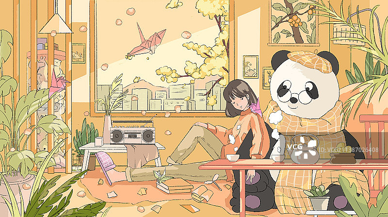文艺清新温馨居家阔爱少女熊猫图片素材