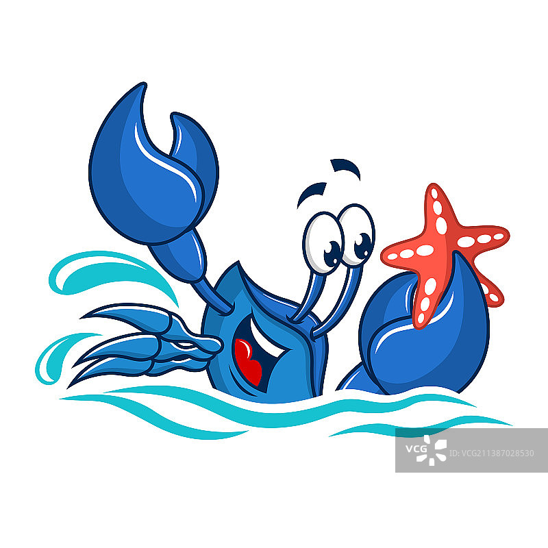 卡通吉祥物蓝色螃蟹抓着海星图片素材