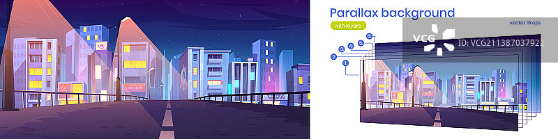 视差背景夜景城市桥梁分层图片素材