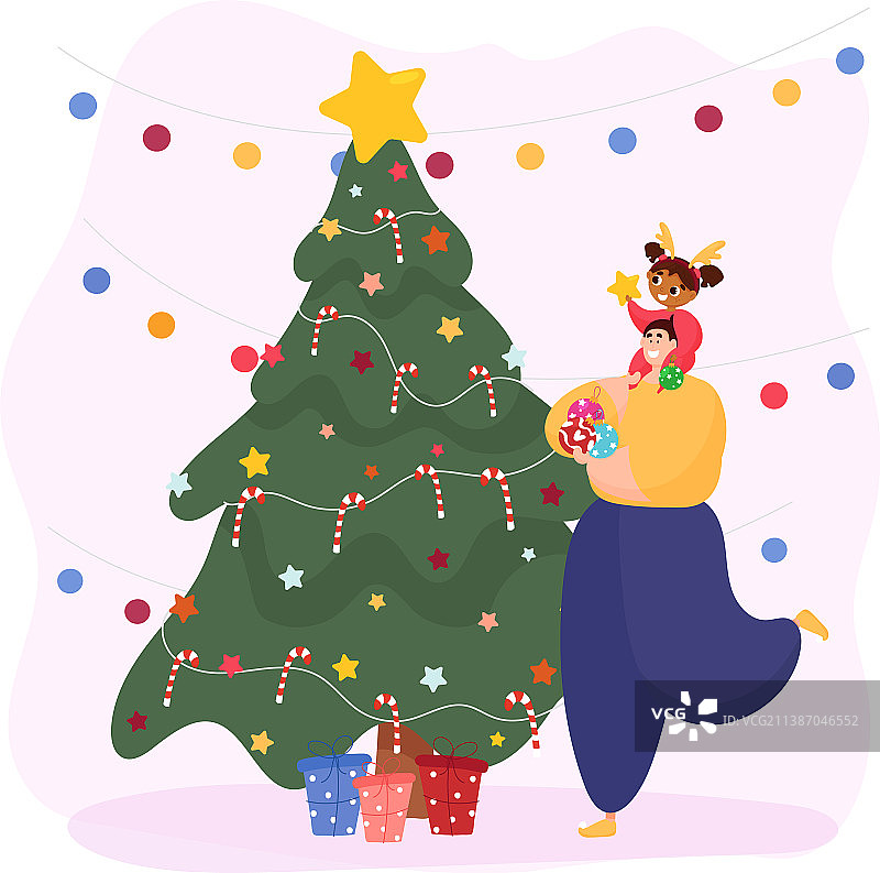 父女一起装饰圣诞树图片素材
