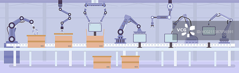 工厂装配线上扁平风格的自动化机器人手臂图片素材