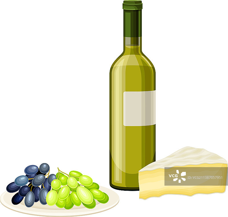 搭配奶酪和葡萄的瓶装白葡萄酒图片素材