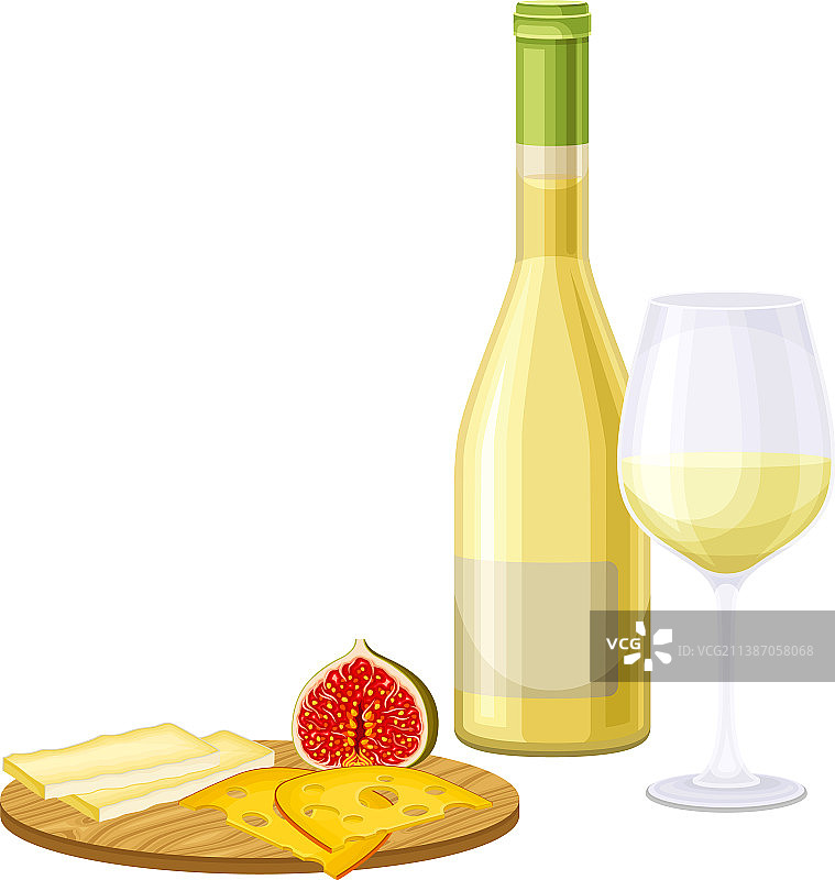 搭配奶酪的瓶装和杯装白葡萄酒图片素材
