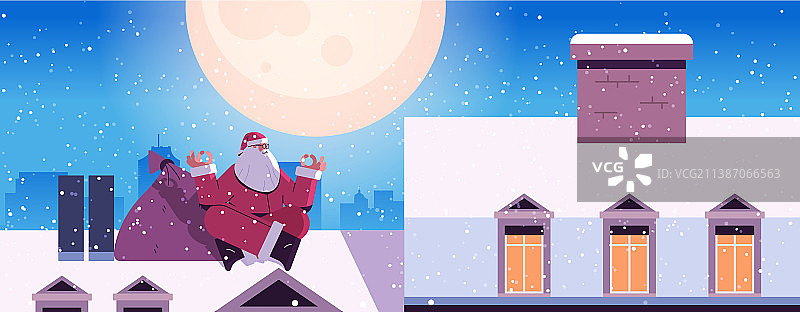 圣诞老人以莲花姿势坐在屋顶上图片素材