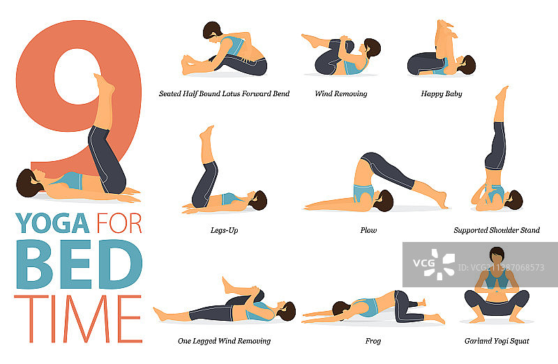 9个睡前瑜伽姿势概念图片素材