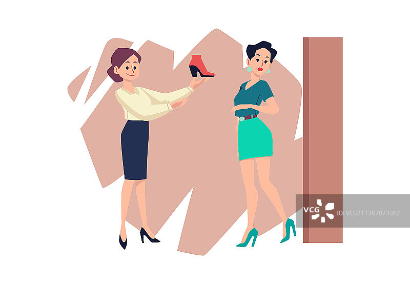 在鞋店试穿高跟鞋，并寻求帮助的女人图片素材