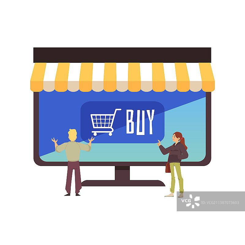 扁平风格人们电脑前网上购物图片素材