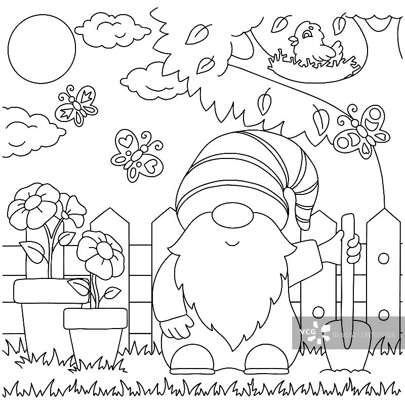 花园里的小矮人儿童涂色书页面图片素材