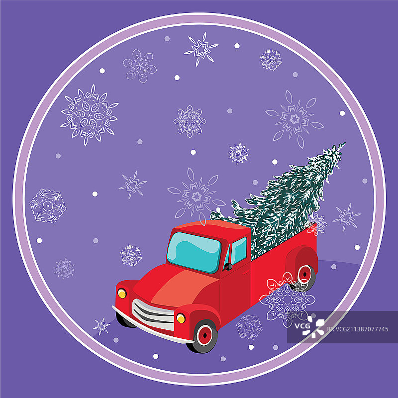 带有冷杉树和雪花的红色皮卡车图片素材