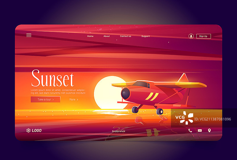 红色飞机飞越日落水面banner图片素材