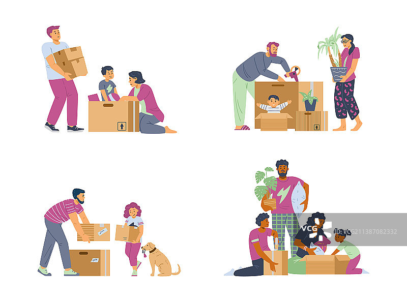 家庭搬进新家并打包盒子扁平图片素材
