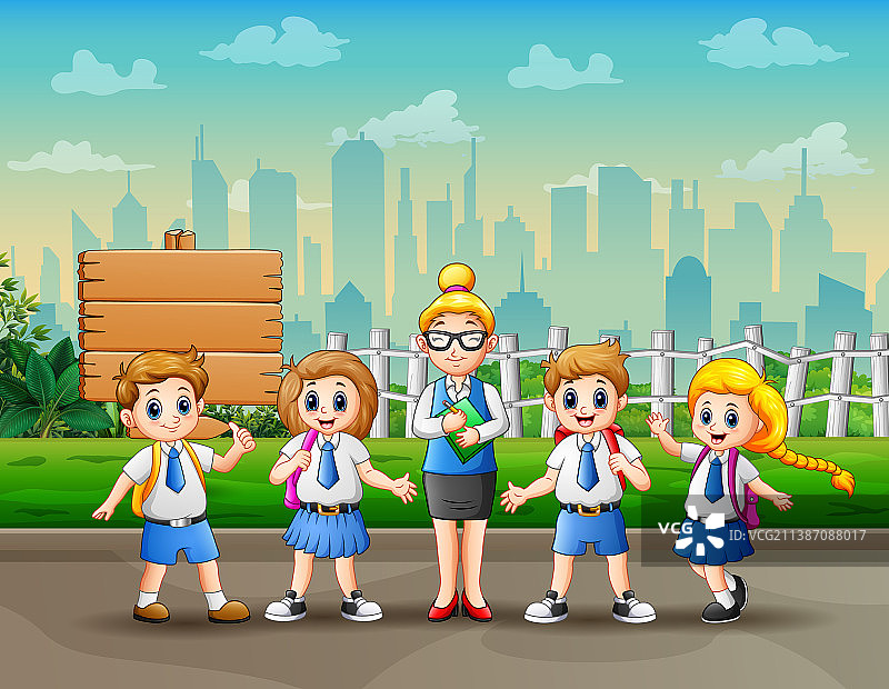 女老师和学生在路上图片素材