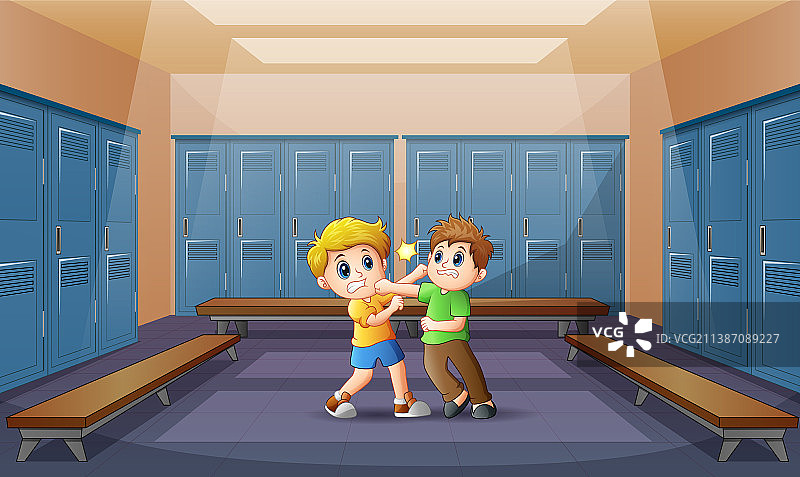 卡通：孩子们在更衣室打架图片素材
