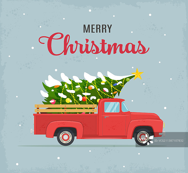 带有圣诞树的红色皮卡车图片素材
