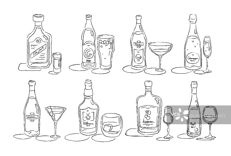 朗姆酒、啤酒、味美思和香槟酒瓶及玻璃杯图片素材