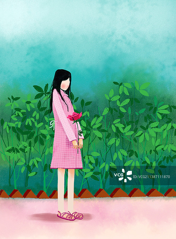 站在花丛中拿着玫瑰花的年轻女孩图片素材