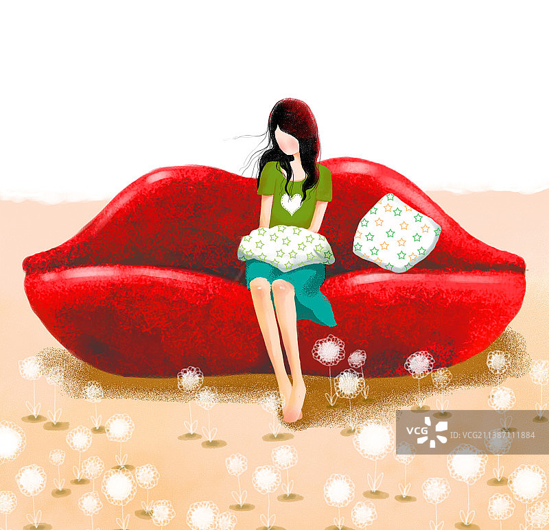 坐在红色嘴唇沙发上的女人图片素材