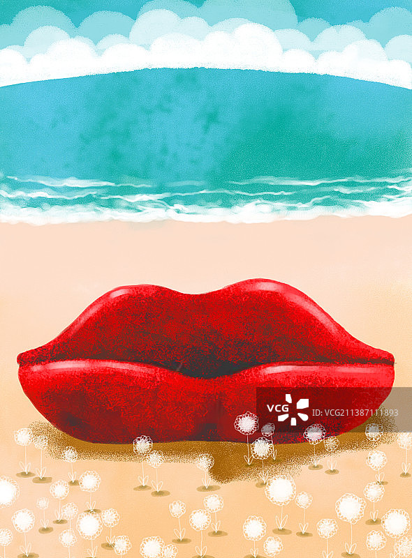海边沙滩上的嘴唇沙发图片素材