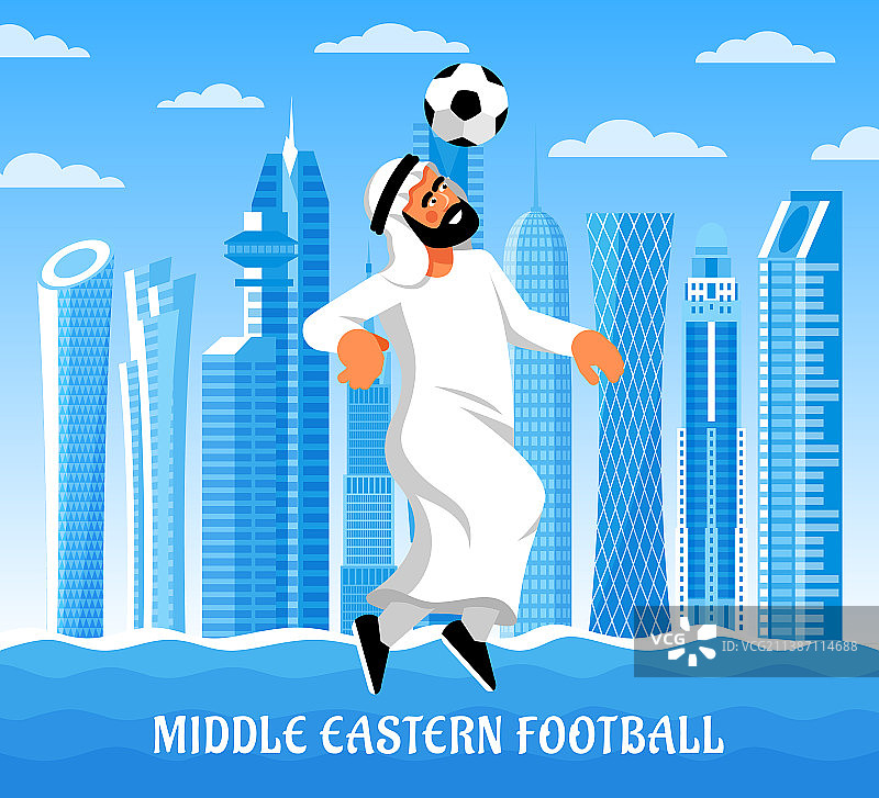 阿拉伯男子在多哈摩天大楼上踢足球图片素材