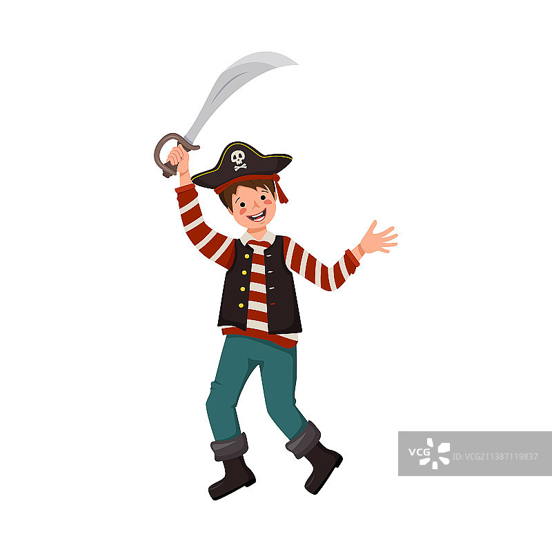 手持弯刀、头戴三角帽的快乐海盗男孩图片素材