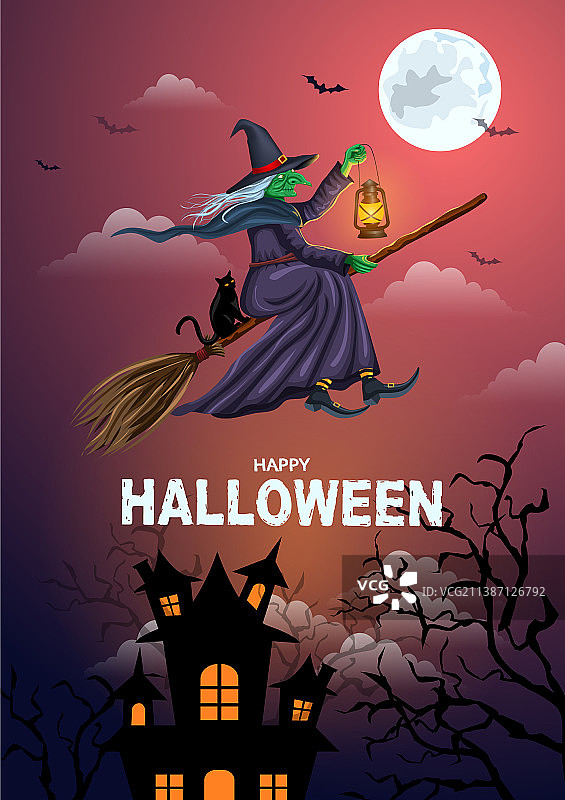 万圣节快乐黑猫与飞行女巫图片素材