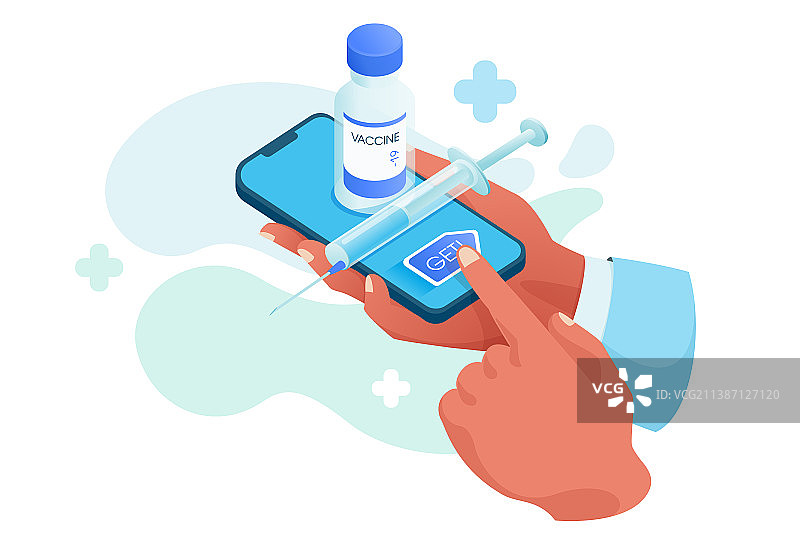 双手握着装有疫苗瓶的智能手机图片素材