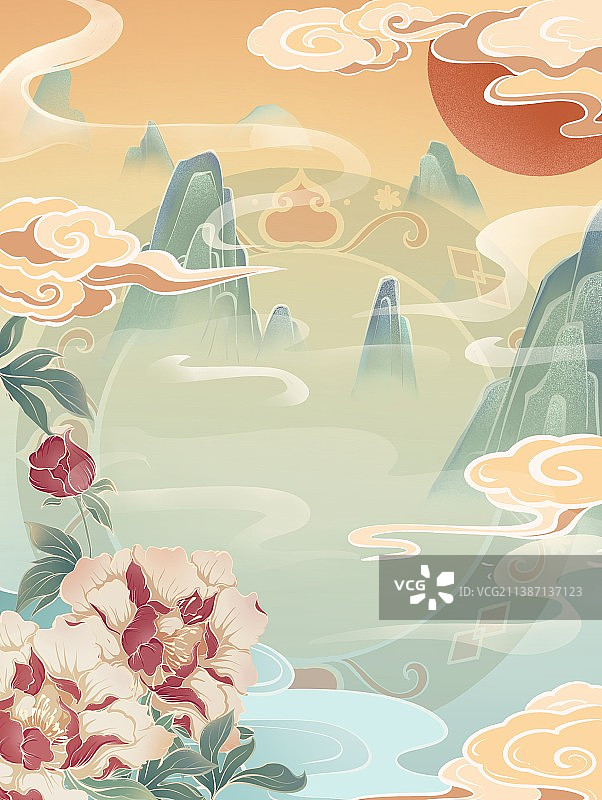 唯美国潮风牡丹祥云场景插画图片素材