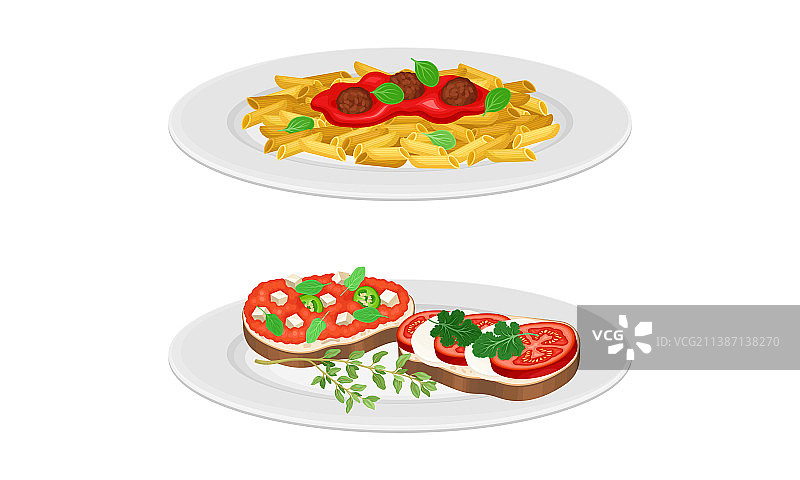 意大利美食菜肴：烤面包和意大利面图片素材