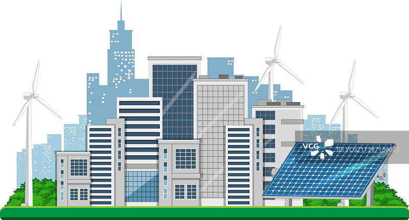 风力涡轮机和太阳能产生的绿色能源图片素材