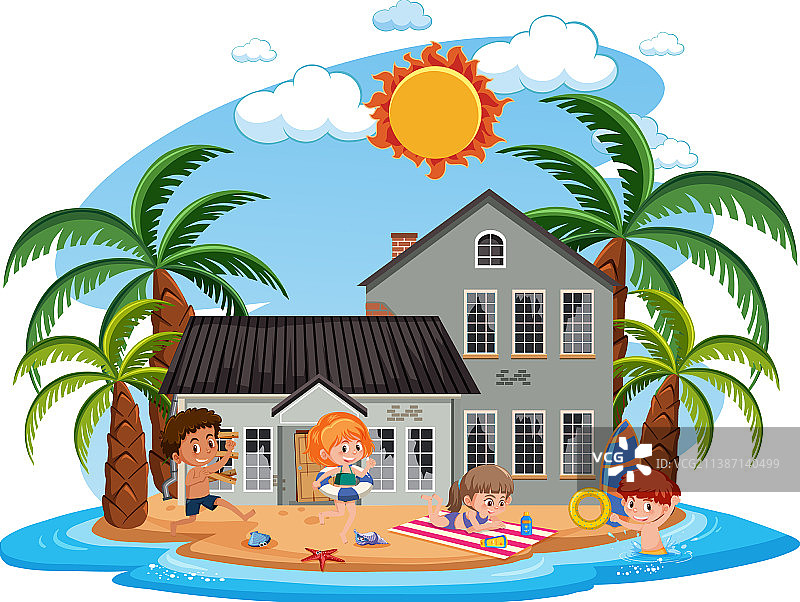 在老海滩房子前面的孩子们图片素材