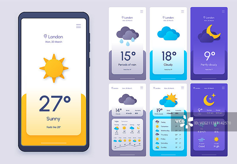 3D剪纸风格的每日天气预报手机App图片素材