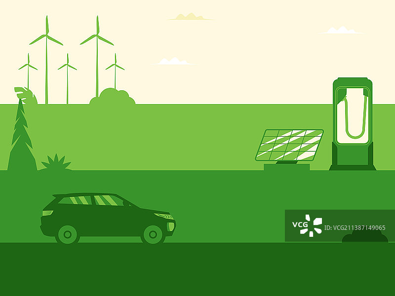 风力发电机新能源汽车充电桩组成的绿色背景图片素材