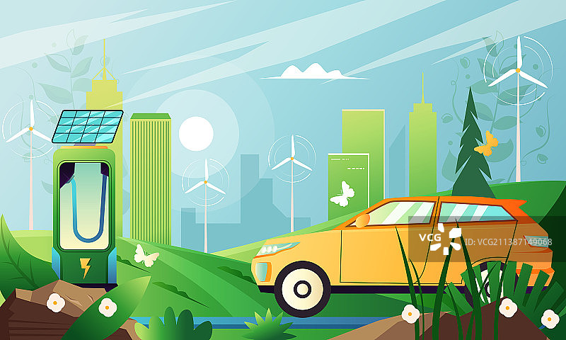风能发电给新能源汽车充电图片素材