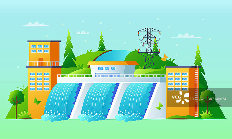 新能源水力发电工厂背景是绿水青山图片素材