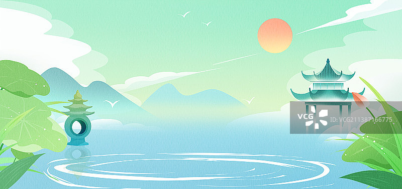 国潮风格新中式风格山水风景插画图片素材